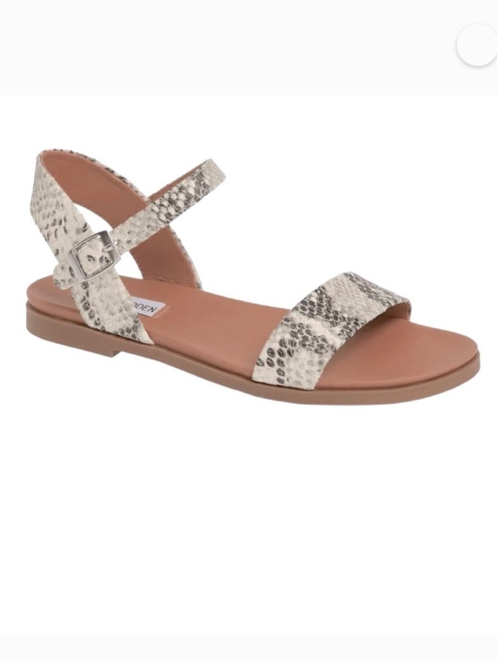 Steve Madden Snake-Print Ankle-Strap Flat Sandal in Cream size 7.5